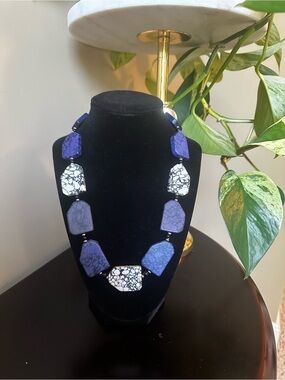 Statement Cobalt and White Geometric Bead Necklace